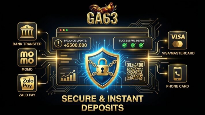 NẠP TIỀN 2 Banner minh họa các phương thức nạp tiền GA63 an toàn: chuyển khoản ngân hàng, ví điện tử, thẻ quốc tế và thẻ cào điện thoại.
