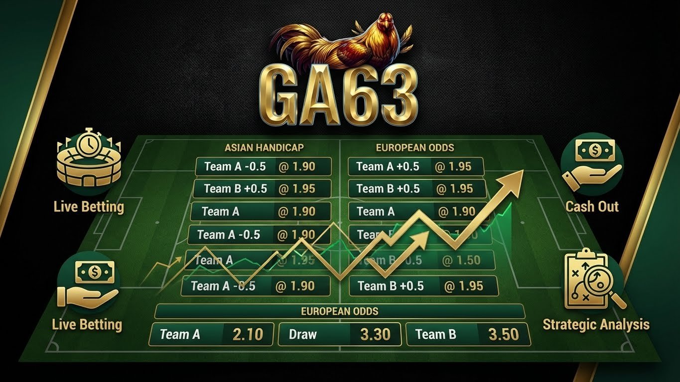 Banner minh họa chiến lược đặt cược thông minh tại GA63, theo dõi biến động tỷ lệ, áp dụng Live Bet và lựa chọn Kèo Châu Á/Châu Âu để tối ưu lợi nhuận.