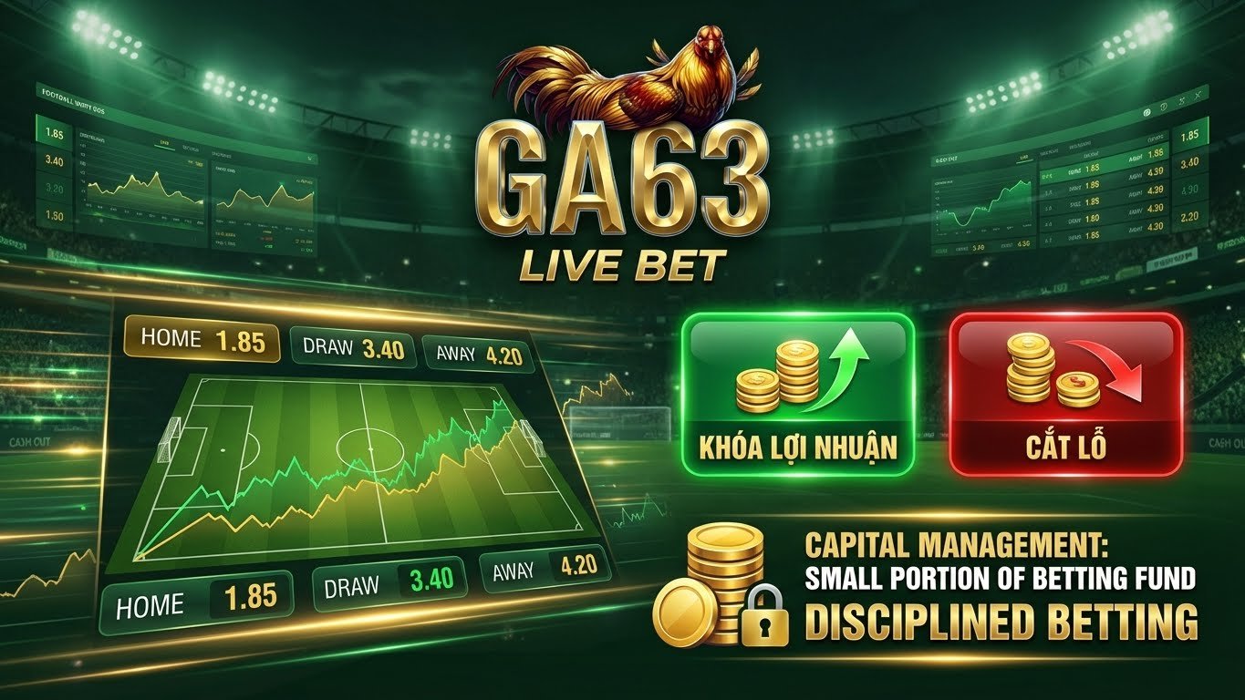Banner minh họa chiến lược quản lý vốn và Cash Out trong Live Bet tại GA63, giúp khóa lợi nhuận và cắt lỗ hiệu quả.